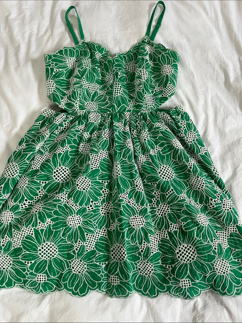 Milly Bea Tournesol Eyelet Dress floral cutout sides green white St. Patrick’s